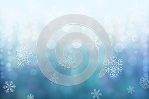 Christmas abstract winter shiny snow bokeh background with unique snowflakes