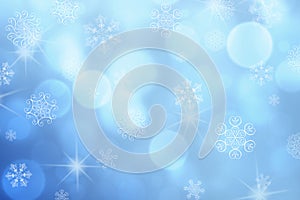 Christmas abstract winter shiny snow bokeh background with unique snowflakes