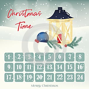 Christmas Advent calendar, background, poster with lantern, fir-tree and ball. Winter scene. Vector illustration for