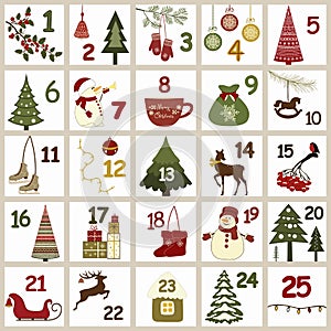 Christmas advent calendar with Christmas symbols.Winter holidays poster