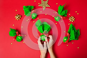 Christmas advent calendar closeup with Merry Christmas message.