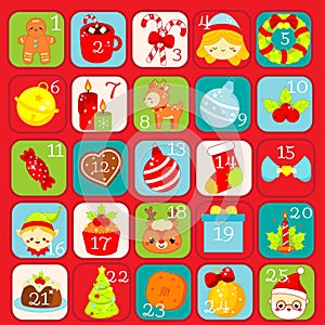 Christmas Advent calendar. 25 days colorful countdown icons with traditional New Year holidays symbols