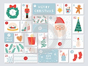 Christmas advent calendar. December days countdown with presents. Holidays cute handicraft calendar with numbers and