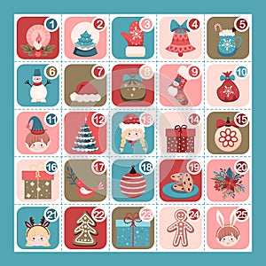 Christmas Advent calendar with festive characters, Christmas tree toys, gifts and decorations. Design for vector