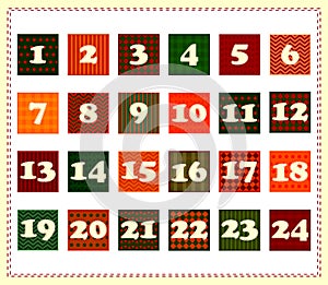 Christmas advent calendar in the form of pieces of fabric with sewn numbers vector