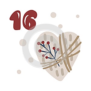 Christmas advent calendar with hand drawn element heart present. Day sixteen 16. Scandinavian style poster. Cute winter photo