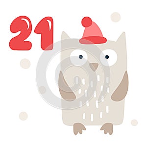 Christmas advent calendar with hand drawn element owl. Day twenty one 21. Scandinavian style poster. Cute winter