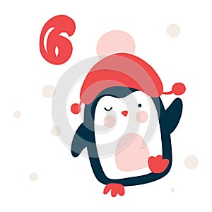 Christmas advent calendar with hand drawn element penguin. Day six 6. Scandinavian style poster. Cute winter