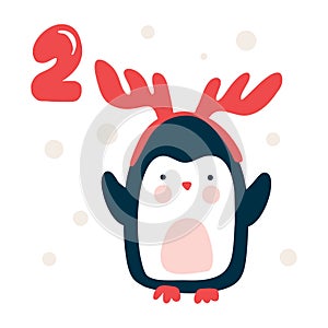 Christmas advent calendar with hand drawn element penguin. Day two 2. Scandinavian style poster. Cute winter