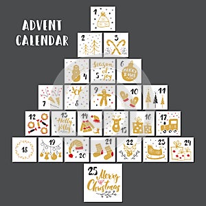 Christmas advent calendar. Hand drawn elements and numbers. Winter holidays calendar cards set design, Vector illustration