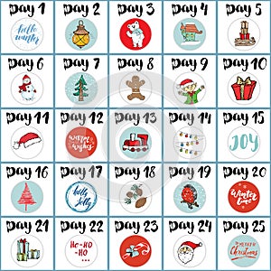 Christmas advent calendar. Hand drawn elements and numbers. Winter holidays calendar cards set design, Vector illustration