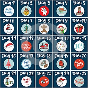 Christmas advent calendar. Hand drawn elements and numbers. Winter holidays calendar cards set design, Vector illustration