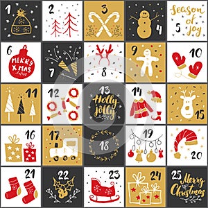 Christmas advent calendar. Hand drawn elements and numbers. Winter holidays calendar cards set design, Vector illustration