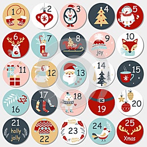 Christmas Advent calendar with hand drawn elements. Xmas Poster.