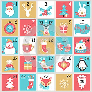 Christmas Advent calendar with hand drawn elements. Xmas Poster.