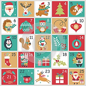 Christmas Advent calendar with hand drawn elements. Xmas Poster.