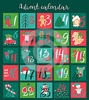 Christmas Advent calendar with hand drawn elements. Xmas Poster. Vector illustration for 25 december days