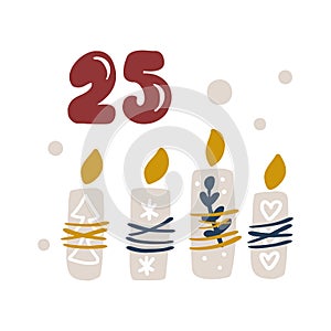 Christmas advent calendar with hand drawn four candles. Day twenty five 25. Scandinavian style boho poster. Cute winter