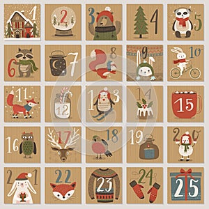 Christmas advent calendar, hand drawn style.