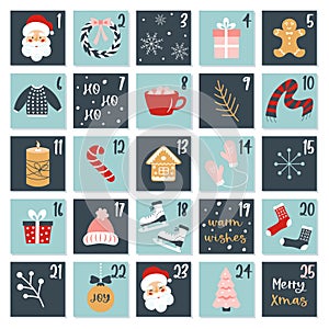 Christmas advent calendar with traditional symbols and doodle elements. Winter holiday theme.