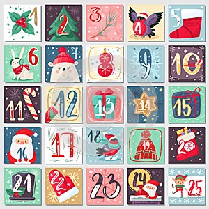 Christmas advent calendar. Winter festive poster with rabbit, bear and santa, xmas decoration and numbers, december