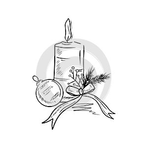 Christmas Advent eve decoration. Thick candle with bow, branch berry and glass ball in black isolated on white. Hand drawn vector