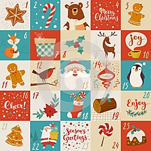 Christmas advent vector calendar design with holiday characters, food and symbols