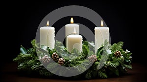 Christmas Advent wreath with 4 burning candles. Decorated Advent wreath from fir and evergreen branches with burning candles