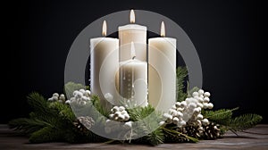 Christmas Advent wreath with 4 burning candles. Decorated Advent wreath from fir and evergreen branches with burning candles