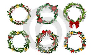 Christmas or Advent Wreaths with Entangled Fir Tree Branches and Decorative Bows and Ribbons Vector Set