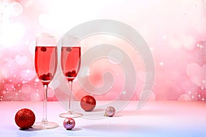 Christmas alcoholic cocktail with red champagne Mimosa with cranberries in glasses on festive background with fir branches and