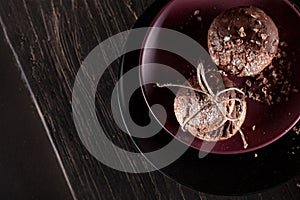 Christmas almond cookies with pieces of chocolate on the plate a