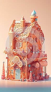 Christmas amazing fairy gingerbread house with chocolate, sweets, lollipops and candy canes. Greeting card. AI generative