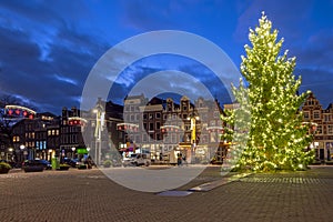 Christmas in Amsterdam at the Nieuwmarkt in Amsterdam at sunset