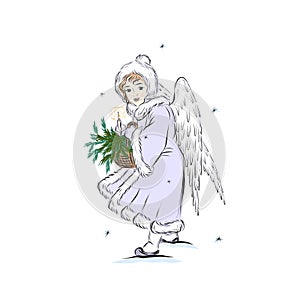 Christmas angel holds basket with spruce branch and candle.