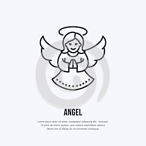 Christmas angel, new year decoration flat line icon. Winter holidays vector illustration. Sign of holly woman with wings