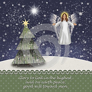 Christmas angel in a snowy landscape with christmas tree and the star of Betlehem Luke 2 14 photo