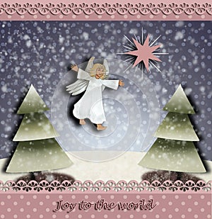 Christmas angel and the star of Betlehem christmas trees and the word Joy to the world photo