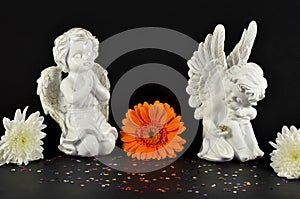 Christmas angels with flowers for gifts, isolated on black