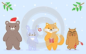 Christmas animals set bear, fox, owl, hare, bunny