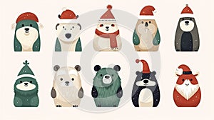Christmas animals set, flat vector illustration, hand drawn style, bears, rabbits, sloths, penguins, owls and others.