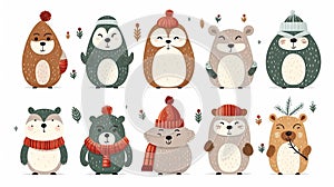 Christmas animals set, flat vector illustration, hand drawn style, bears, rabbits, sloths, penguins, owls and others.