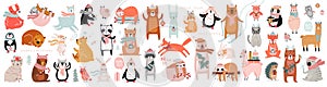 Christmas animals set, hand drawn style, bears, rabbits, sloths, penguins, owls and others
