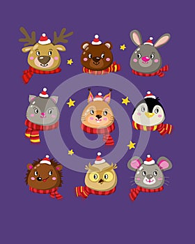 Christmas animals stickers. New Years clipart set hand drawn style - cute bear, mouse, rabbit, holiday, squirrel, deer