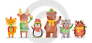Christmas Animals Waving Hands, Cartoon Characters Fox, Reindeer, Penguin, Bear and Raccoon with Hedgehog Wear Sweaters