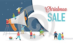 Christmas announcement, Merry christmas, Happy new year background, sale banner with scene of miniature people