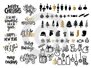 Christmas ans New Year design set. Holiday decoration elements: noel, balls, snowflakes, gifts. Hand written lettering.