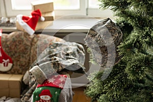 Christmas in the army. ball and gift box, military uniform, closeup view