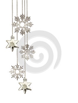 Christmas arrangement with hanging decorative silver stars and glitter snowflakes