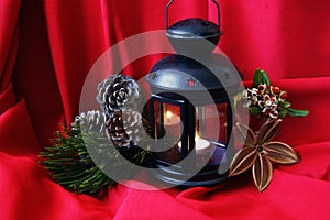 Christmas arrangement on a red background